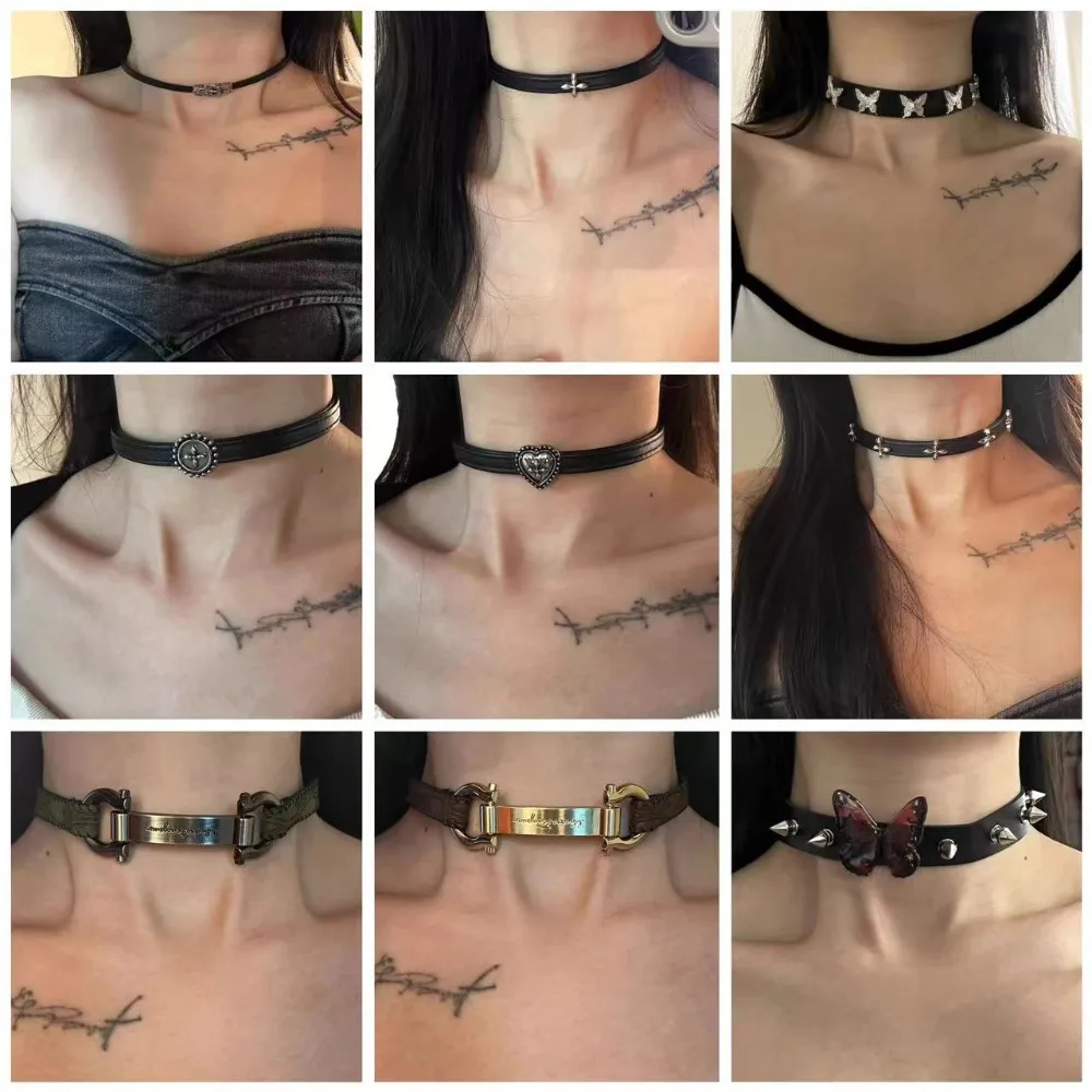 Retro Y2k Hot Girl Butterfly Heart Cross Flower Black Leather Belt Buckle Collar Necklace for Women Personality Punk Jewelry