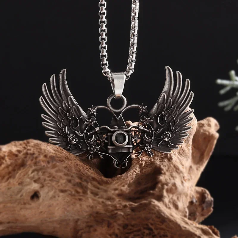 Hip Hop Gothic Steam Rose Mechanical Wings Amulet Pendant Necklace Men Women Personalized Street Punk Jewelry