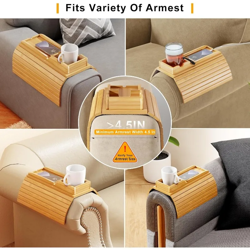 Bamboo Sofa Armrest Tray - Couch Arm Tray with Detachable Couch Cup Holder - Anti-Slip Foldable Sofa Table