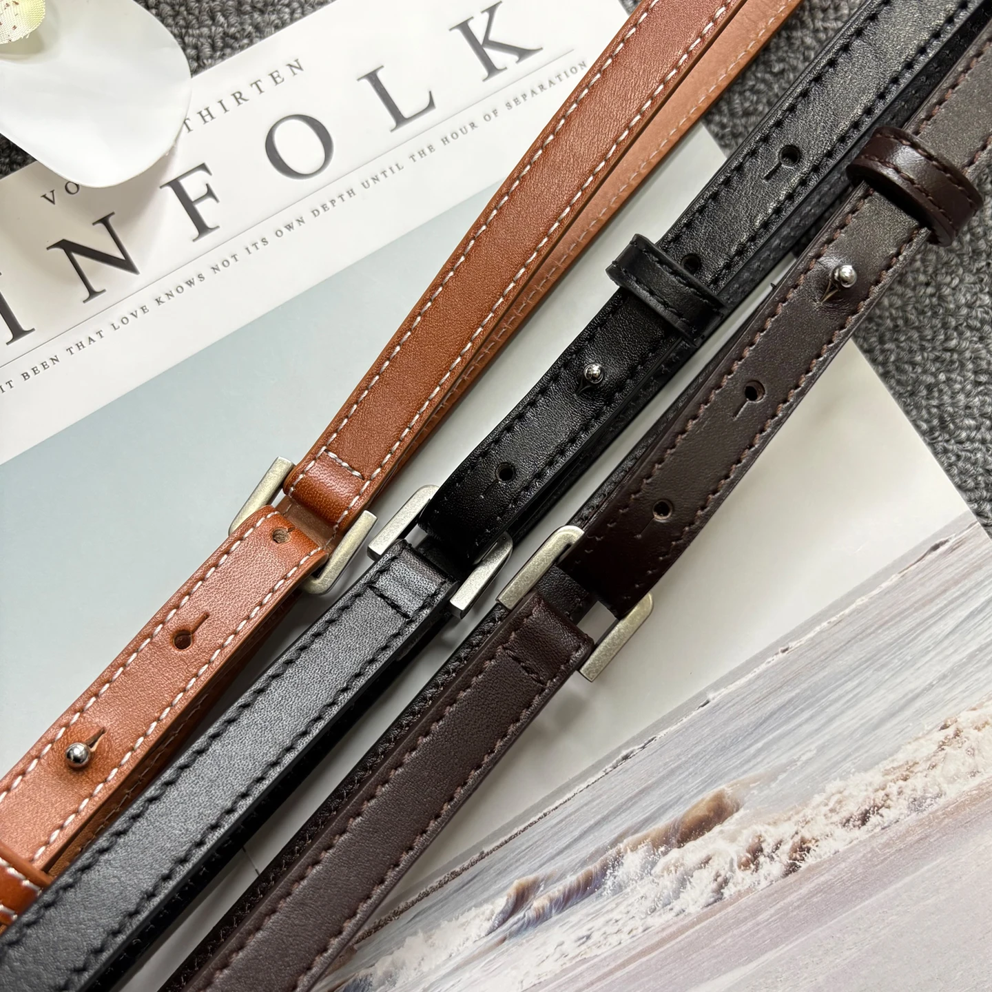 Women's Fine Leather Belt with Silver Buckle, Fashionable and Versatile for Denim Jeans, No-Prong Design