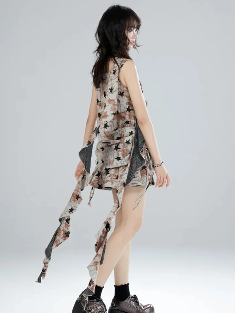 Conjunto de 2 piezas con estampado de estrellas Y2K para mujer, camiseta sin mangas Sexy con cuello Halter y hombros descubiertos, ropa de calle, faldas de cintura alta para mujer