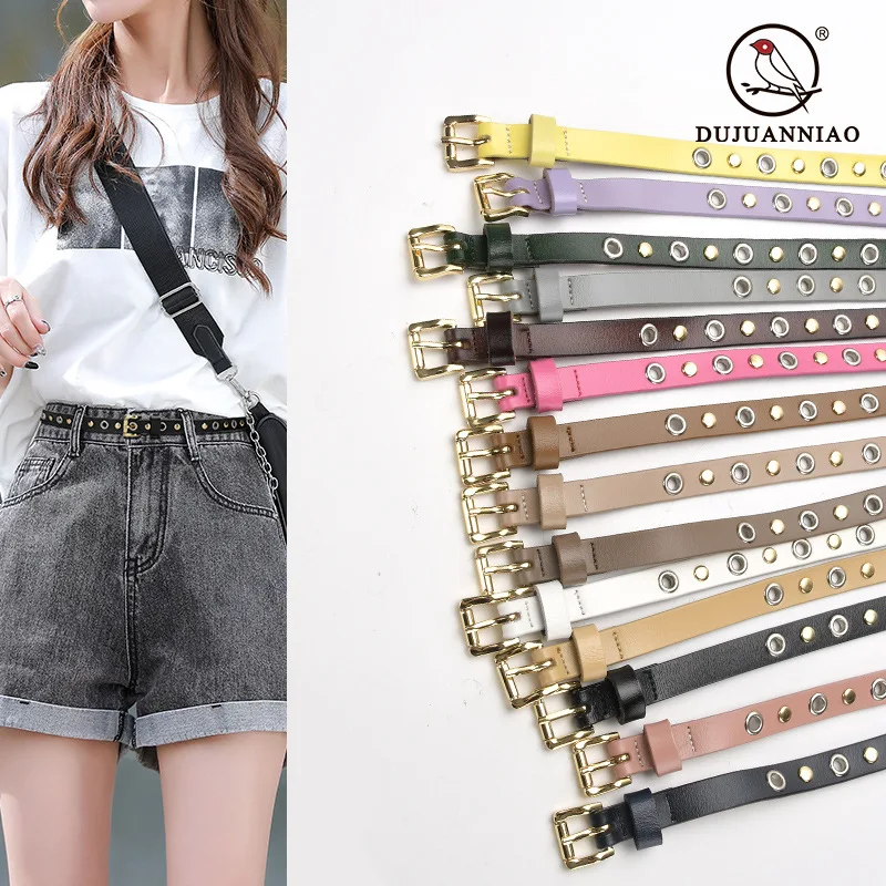 

Candy Color Hollow Out Cow leather Rivet Belts Jeans Strap Women SLim Waist Belts Cowhide Punk Ladies Cowskin Shirt Waistband