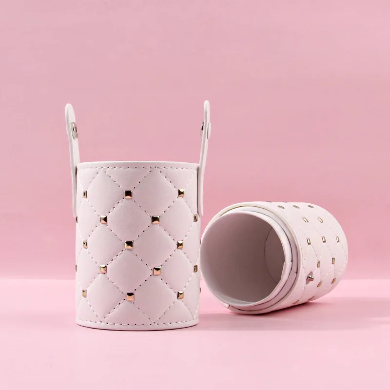 Make-up-Pinselhalter mit Nietenschnalle, Eimer, PU-Leder, staubdicht, Kosmetik-Organizer mit Deckel, tragbare Aufbewahrung von Schönheitswerkzeugen für die Reise