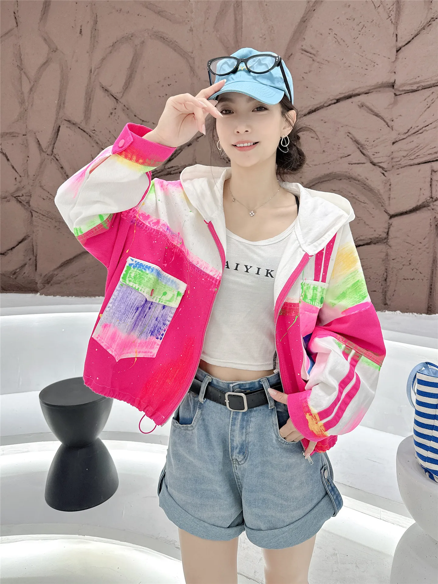 Tie-dye Color Blocking Hot Diamonds Oversize Women Denim Jacket New Spring Autumn Zip Hooded Cardigans Top Hip-hop Short Coats