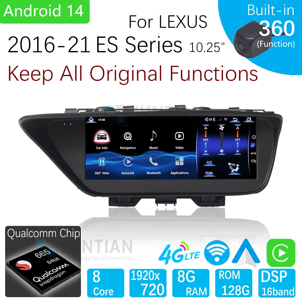 

For Lexus ES Series 2013-17 LHD Android 14 Snapdragon 8 Core Car Multimedia 10.25" HD Screen with Carpaly Auto Car Radio