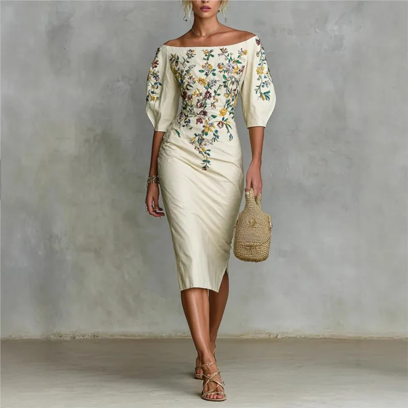 

Elegant Fashion Women Dress 2026 Spring Floral Print Slim Waist Half Sleeve Lantern Sleeves Boat Neck Slit Party Maxi Dresses