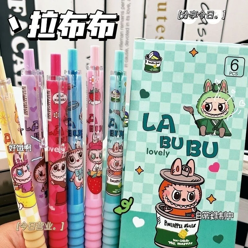 6/12 sztuk Anime Kawaii Labubu długopis żelowy szybkoschnący pisanie gładki długopis Cartoon naciśnij długopis nauka artykuły papiernicze prezenty