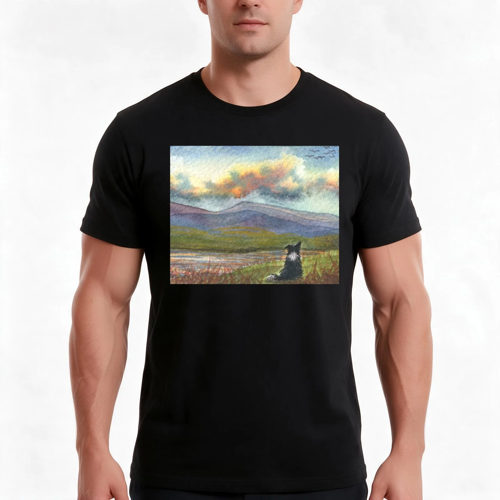 Border collie dog meditates on the hills and mountains before him T-Shirt, Summer Casual Cotton Tee, Oversized Streetwear Tops