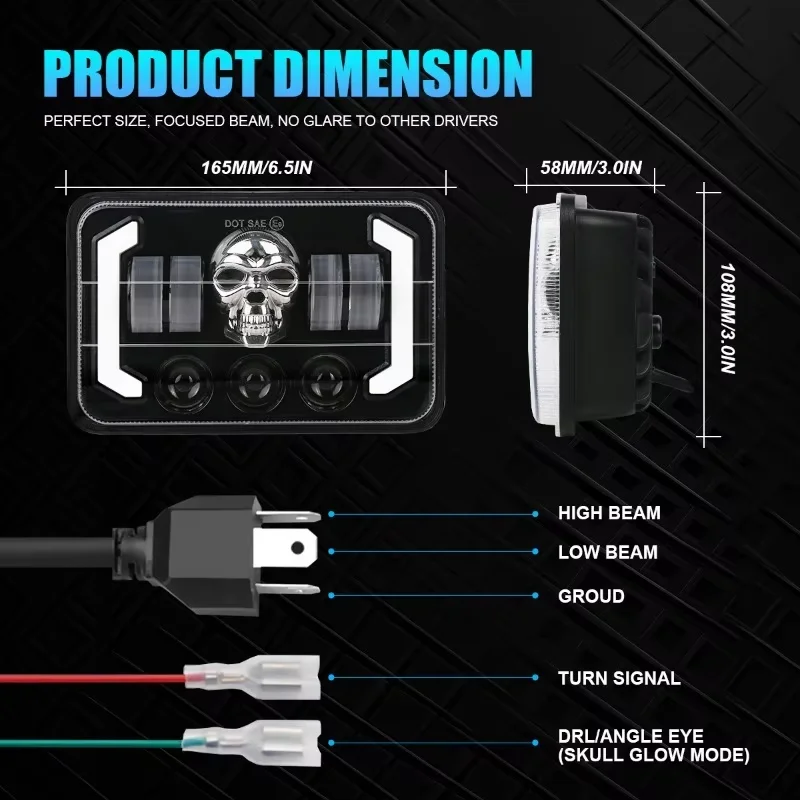 4x6 Inch Truck Conversion Skull Headlight 12v 24V DRL Hi-Lo Beam Halo For Motorcycle SUV Truck Lamp