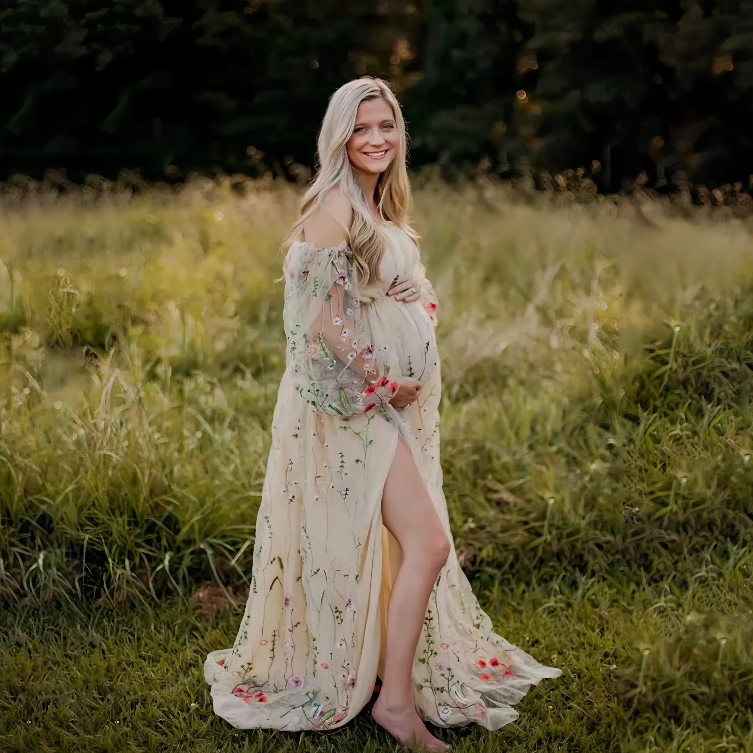 

See Through Embroidered Lace Maternity Photography Props Long Dresses Boho Style Embroidery Pregnant Woman Photo Session Outfit