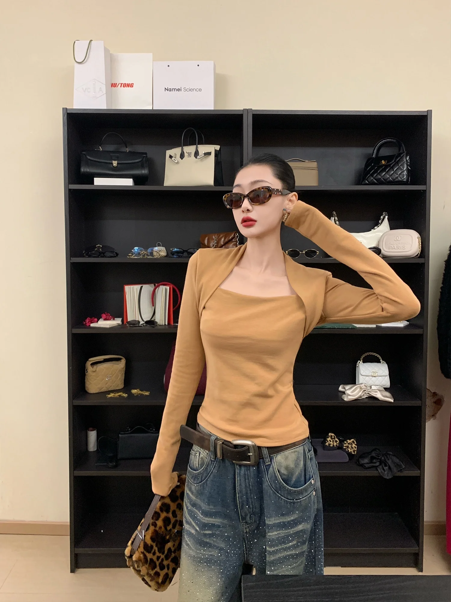 

Slimming Effect Long Sve Square Collar T-irt Dongni3 Early Spring 2026 Casual Sle Cotton Women's Faion Top