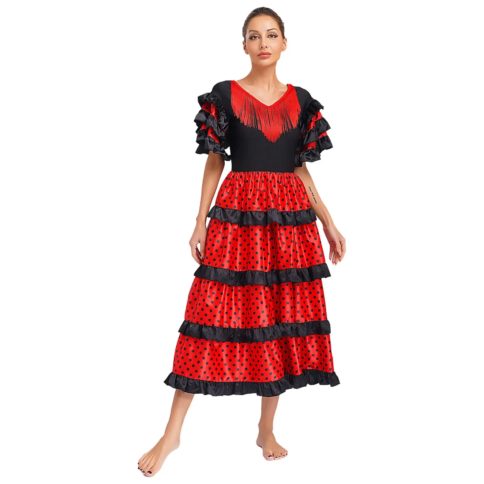 Traje de baile folclórico para mujer, vestido con borlas y cuello en V con volantes y capas, vestido con vuelo de Flamenco, uniforme de competición folclórica mexicana