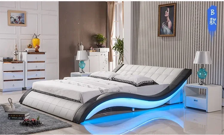 post modern real genuine leather bed / soft bed/double bed king/queen size bedroom with sound system for iphone ipad LED light