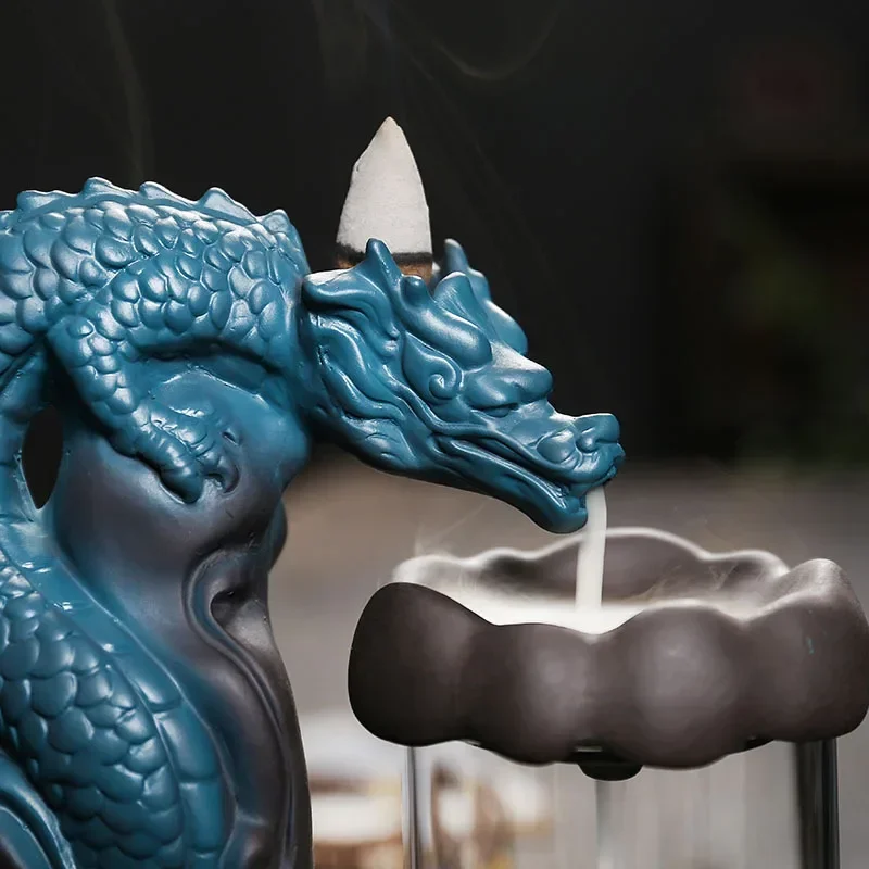Dragon Backflow Incense Burner with Windproof Cover & LED Light Christmas Home Decorations Lucky Feng Shui Ornaments -No Incense