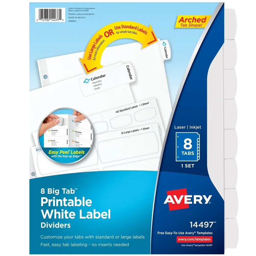 Printable Label Divider 8-Tab Set Large Standard Labels Easy Peel Durable Reinforced Paper Compatible with Inkjet Laser Printers