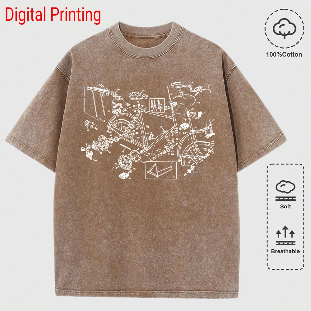 Deconstruction Diagram Of Mountain Bike Digital Print Women Washed T Shirt Cotton Loose T-Shirt Summer All-Match Short Sleeve