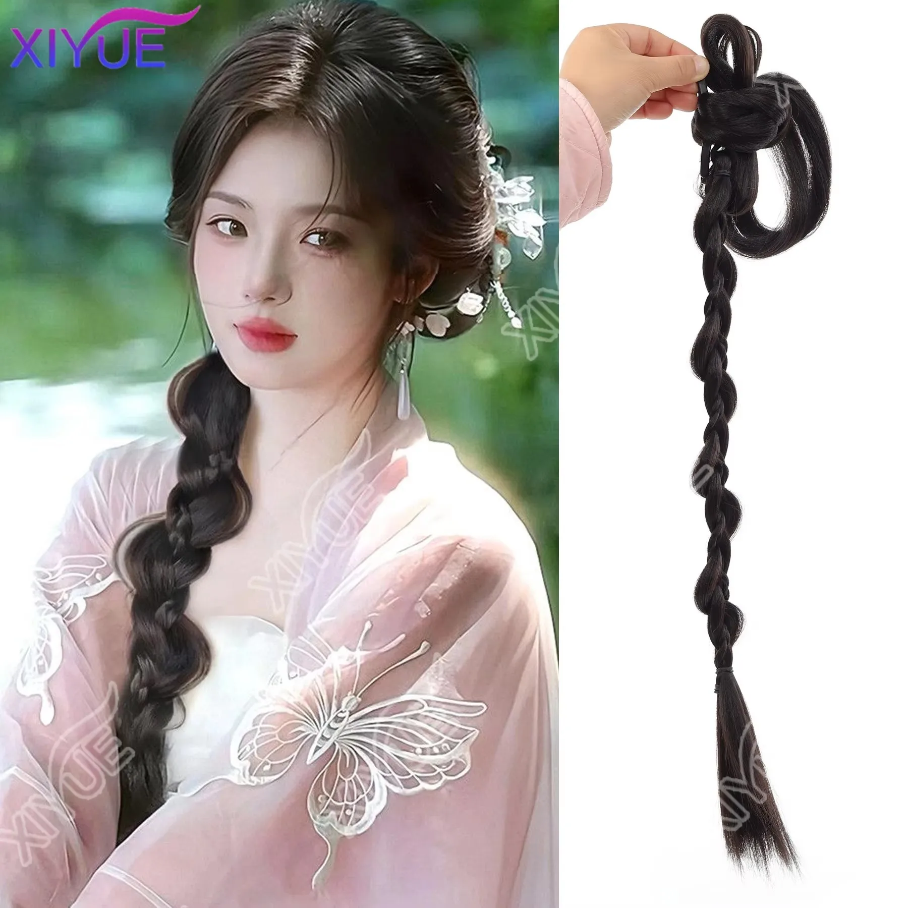 Synthetic Ponytail Bubble Braid Wig Hanfu Cheongsam Side-tie Ball Head Clip-on Twisted Braids Extension Simulated Flower Bud XY