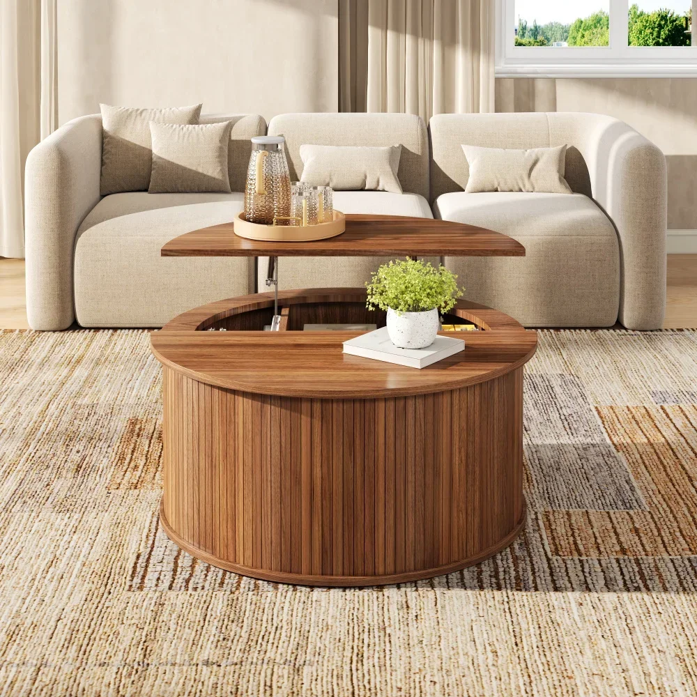 Tavolino da caffè rotondo in stile scandinavo contemporaneo, con piano sollevabile e vano contenitore, tavolino centrale minimalista per soggiorno, tavolino da tè multifunzionale con altezza