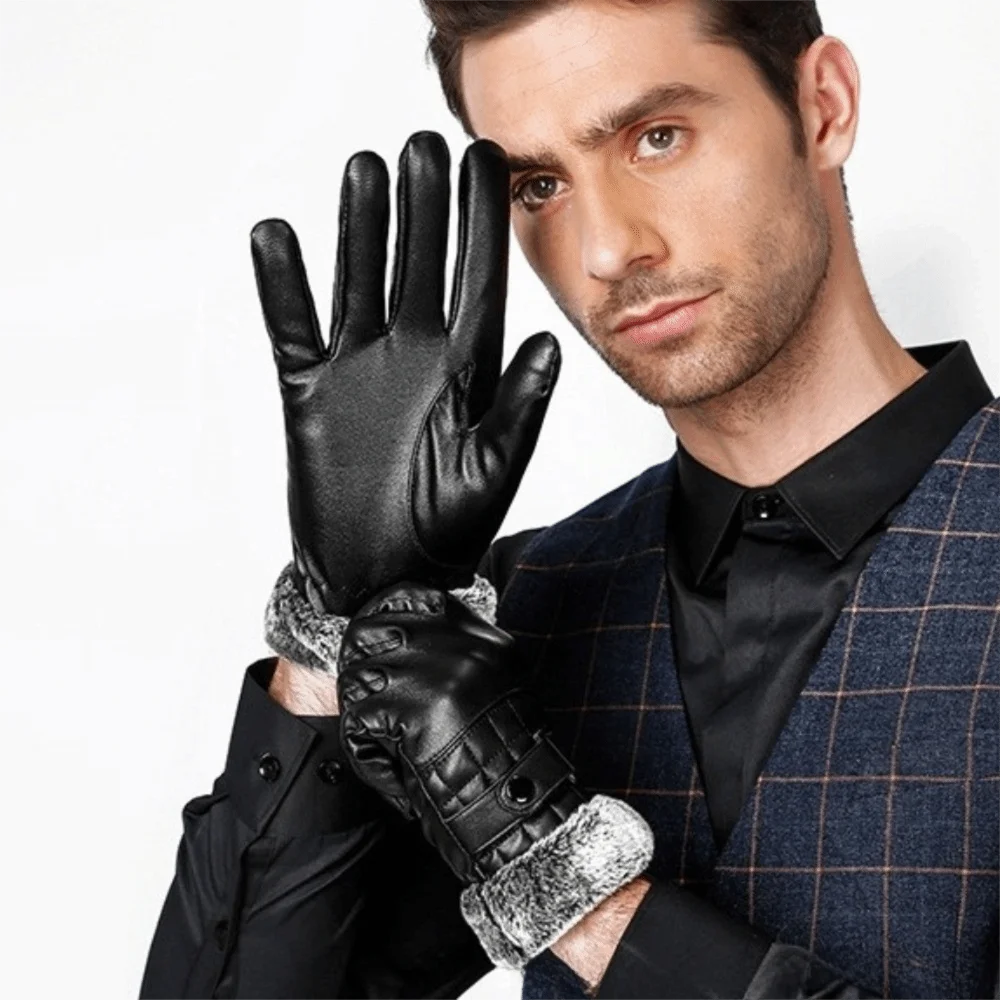 Warm Leather Touch Screen Gloves Windproof Thickened Driving Cycling Gloves Waterproof Non-Slip Winter Men Gloves Winter