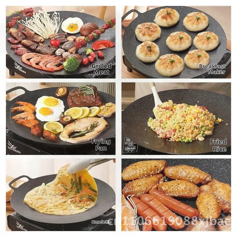 

Чугунная тарелка для барбекю в корейском стиле, круглая портативная универсальная сковорода для жарки яиц с антипригарным покрытием и деревянной ручкой