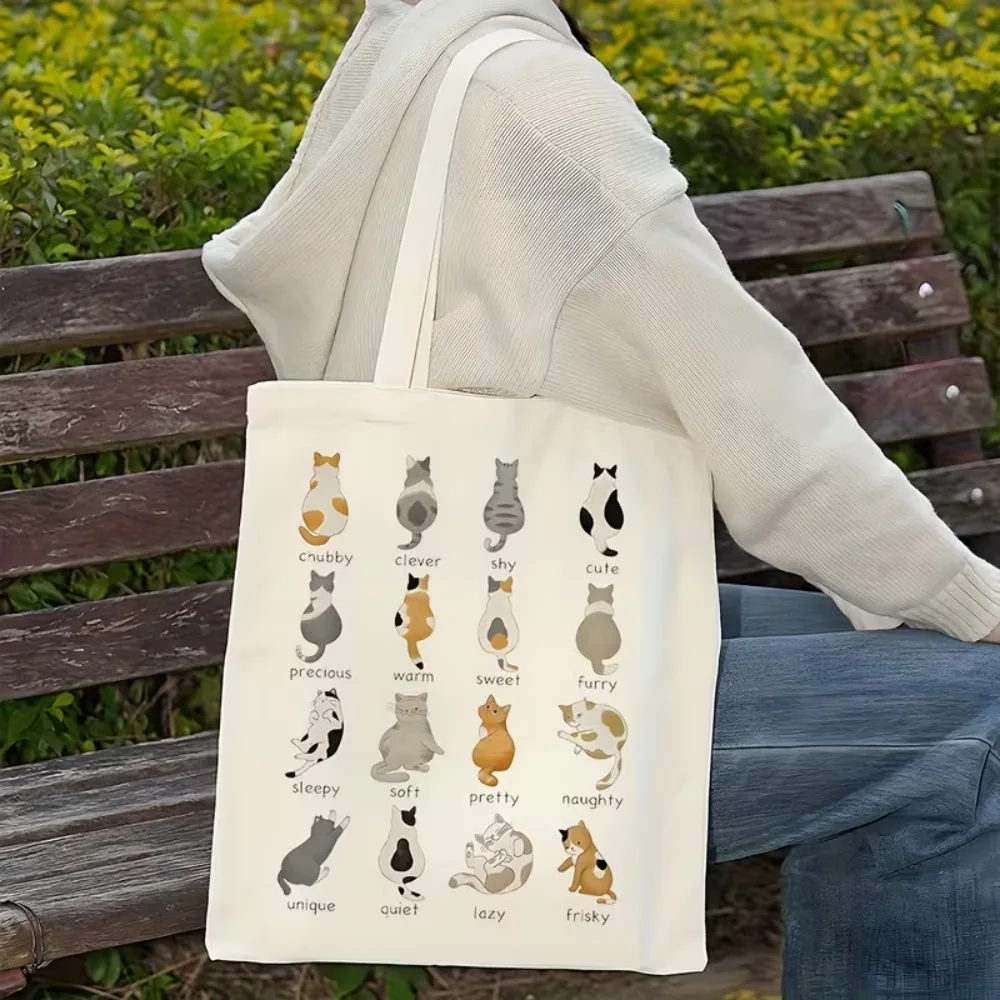 

1pc Cute Canvas Tote Bag with Colorful Kittens Print, Unisex, Lightweight, Open Top, Double Handles, for Going Out, School