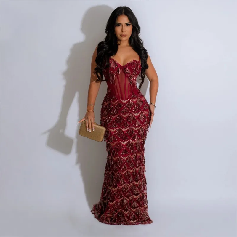 MsChuh Spaghetti Strap Evening Dress Vestidos Dresses For Woman Party Wedding Temperament Hot Girl Style Package Hip Sequin Slim