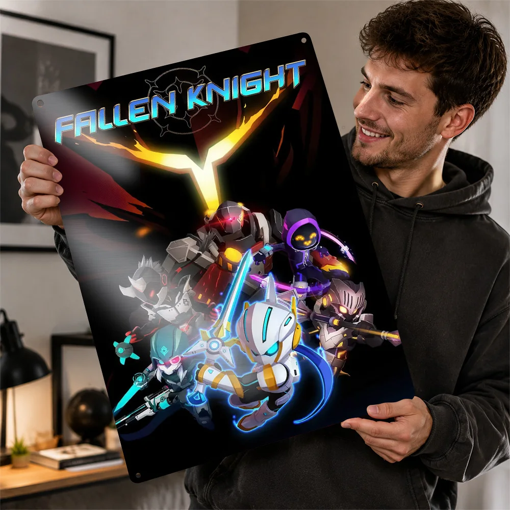 Fallen Knight Robot Characters Aluminum Poster Illustrated Wall Art For Entertainment Room Customized Metal Sign Gamer Gift Idea