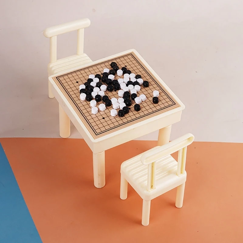 Miniature Game Table and Chairs, 1 Set in ABS Plastic with Printed Board Detail for Model Displays and Pretend Play 15UB