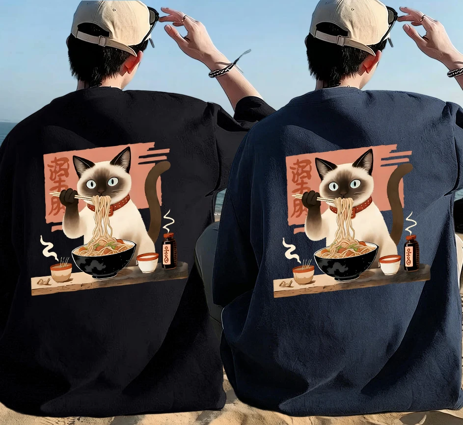 

Мужские летние повседневные хлопковые топы с принтом «Сиамские кошки любят есть лапшу», простые футболки в стиле High Street, ретро-модная одежда