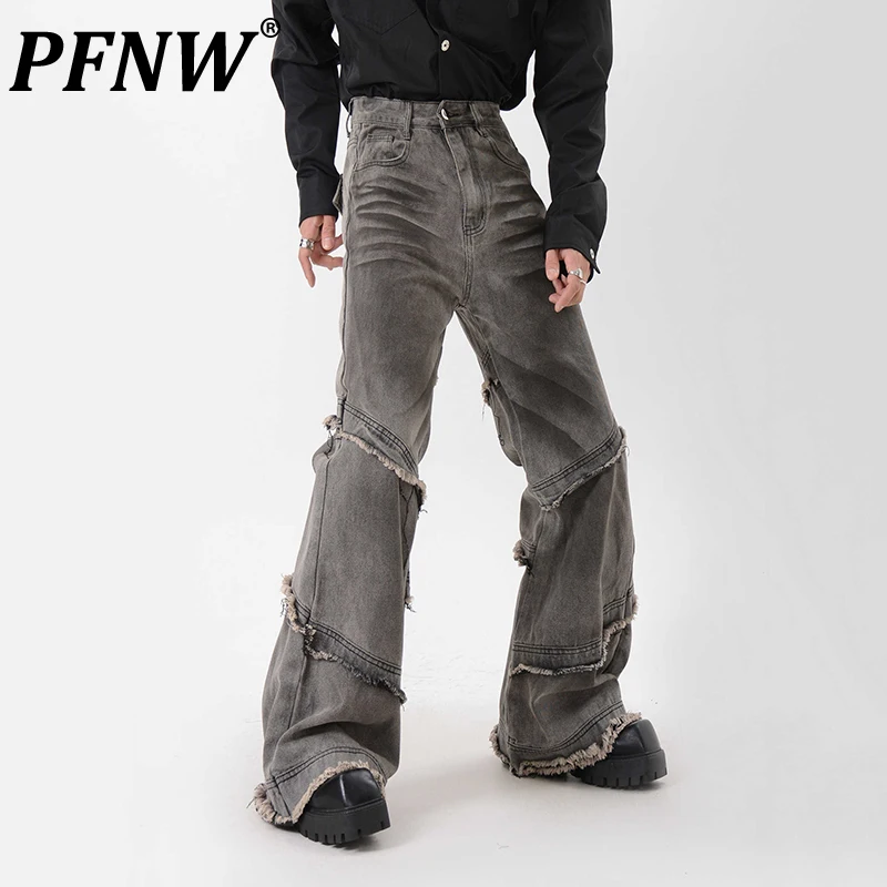 PFNW Niche Design Raw Edge Destruction Grey Washed Jeans Men Dirty Dye Split Flared Denim Pants Spring 2025 New Trousers 12C2114