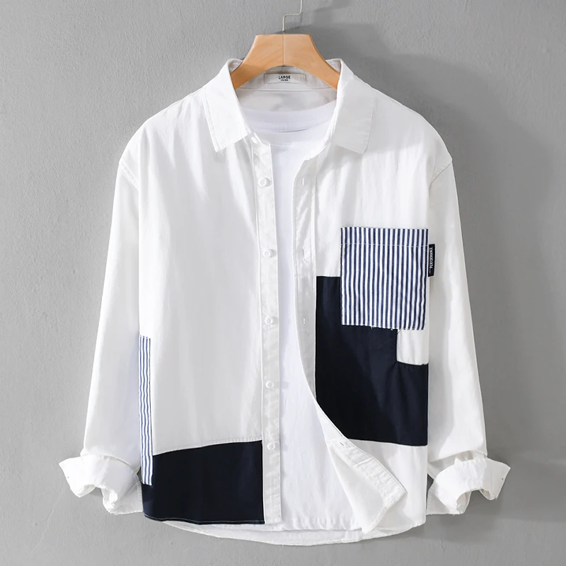 

Casual Men's Long Sleeve Shirt Spring Autumn New Style Trendy Patchwork Design Youth Popular Loose Fit Button down Jacket