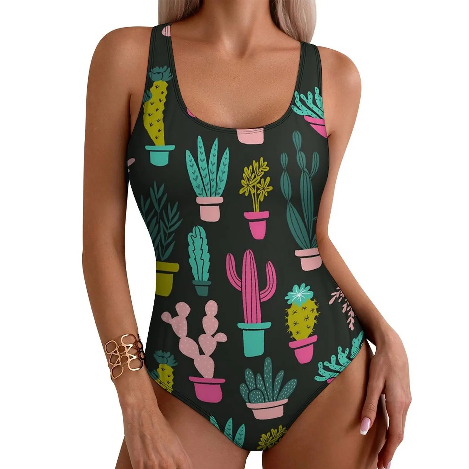 Funny Cactus Swimsuit Cacti Plants Print Swimwear One Piece Holiday Rave Swimsuits Hollow Out Monokini Women Push Up Beach Wear