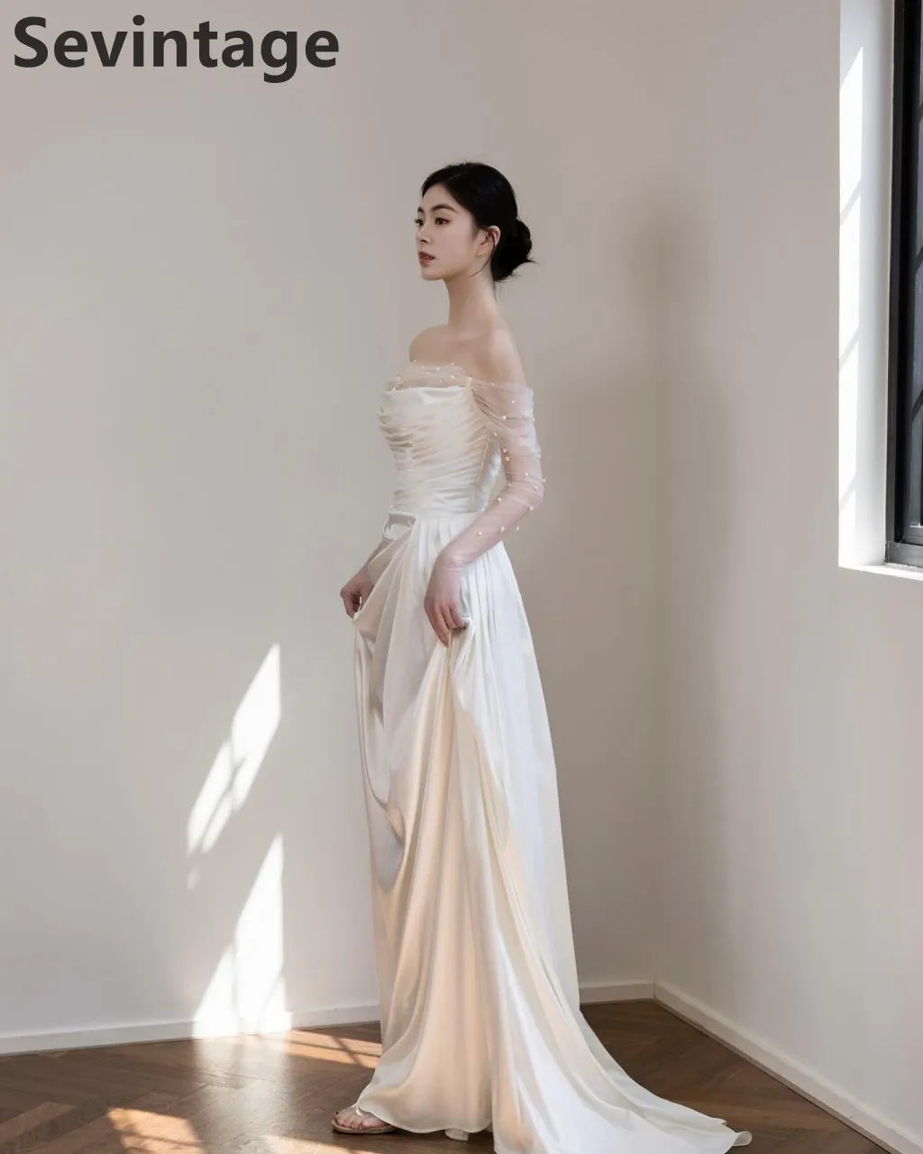 Sevintage marfil coreano sirena vestido de novia satén fuera del hombro vestido de novia de manga larga elegante vestidos de fiesta de boda personalizados