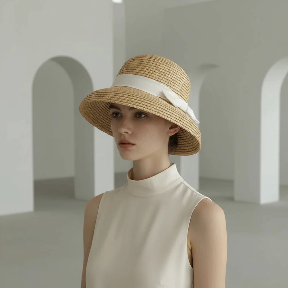 High-Density Weave Wheat Straw Cloche Grosgrain Ribbon Trim Retainable Shape French Style Sun Hat Lightweight Comfort Breathable