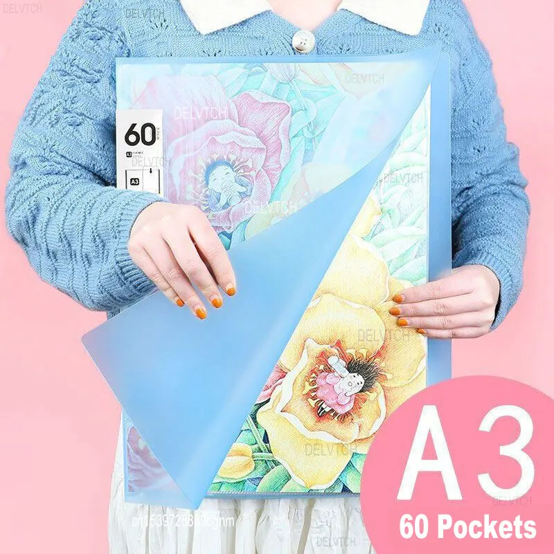 60 Pocket A4 A3 File Folder Picture Photo Album Display Book Art Sketching Painting Drawing Paper Document Storage Bag Organizer