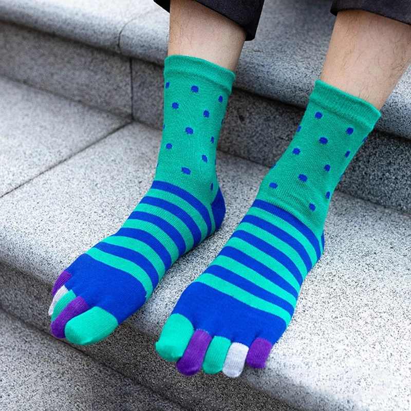 Calcetines con punta para hombre, Calcetines de algodón a rayas con contraste de colores, Calcetines de cinco dedos para baloncesto, Calcetines