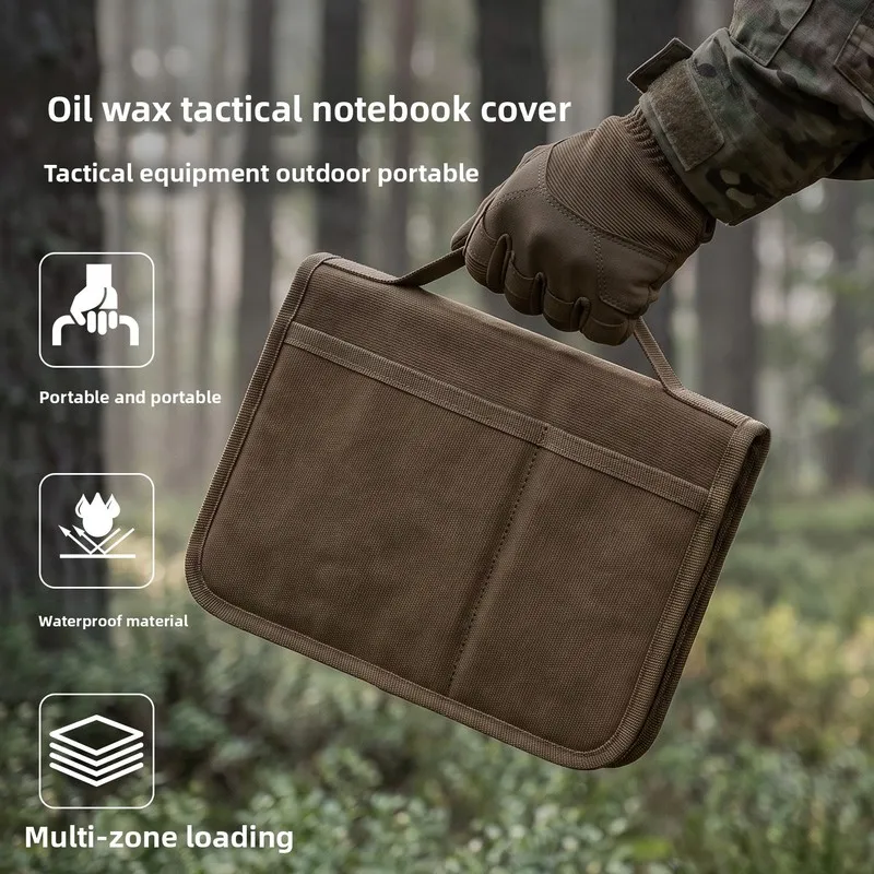 Tactical A5 Notebook Cover Oil Wax Canvas Organizer, Outdoor Journal Sleeve With Handle, EDC Writing Pad Protective Case
