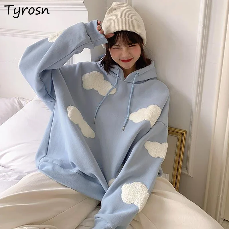 Hoodies Women Gentle Cartoon Kawaii Clouds Females Loose Chic Stylish Streetwear All-match Simple Hooded Tops Harajuku Ulzzang