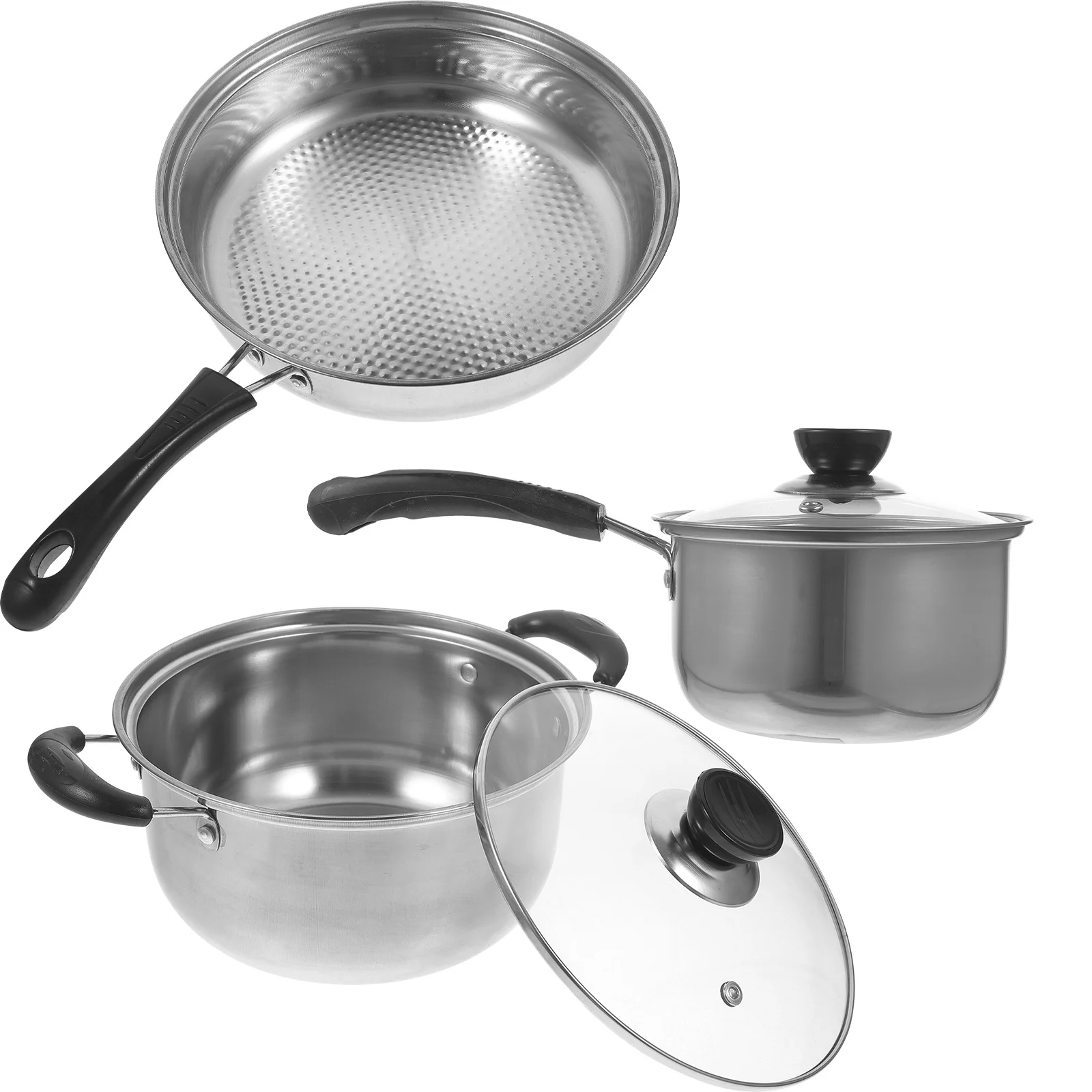 

1 set 1 Set Kitchen Three-Piece Cookware Set Stainless Steel Soup Pot Milk Pan Frying Pan Daily Use Stockpot Cooking Pots