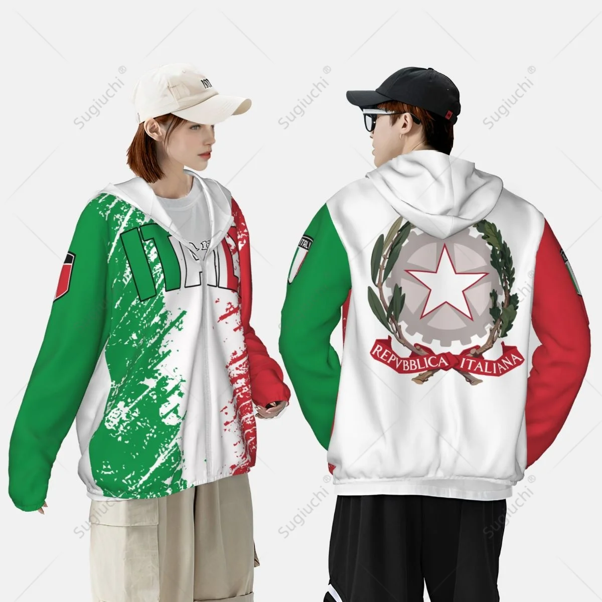 Capuz de Proteção Solar Bandeira Italiana, Poliéster Protetor Solar Roupas, Manga Comprida, Zíper, Secagem Rápida, Pesca, Ciclismo, Corrida, Itália