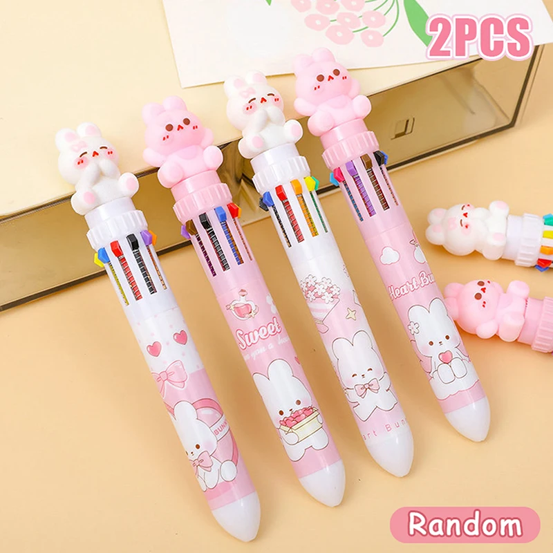 2Pcs Cartoon Rabbit Ten Color Ballpoint Pen Multicolor Signature Pens Creative Writing Smooth Pressing Neutral Pens Gifts