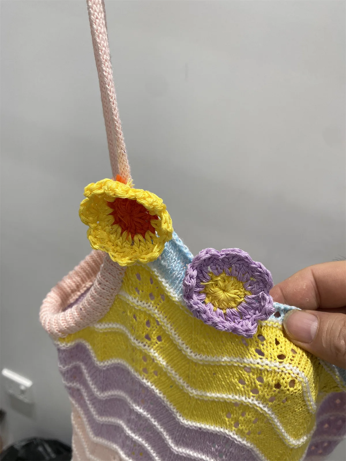 Women Crochet Colorful Bodycon Knit Dress Sleeveless Rainbow Stripe Knit Dress with Floral Shoulder Detail