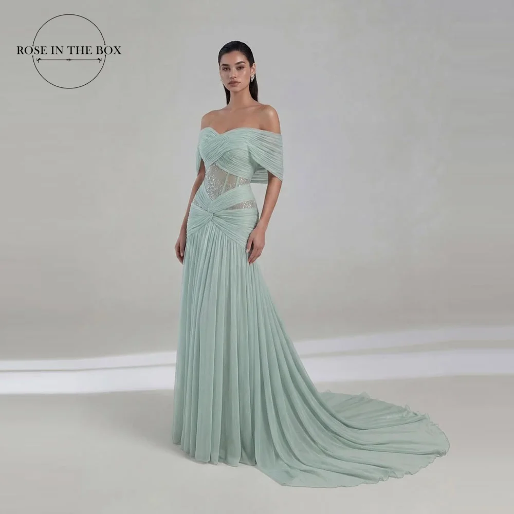 ROSEINTHEBOX Customized Off Shoulder Tulle Evening Dresses Sweep Train Women's Formal Evening Gowns فساتين سهره Mermaid Gowns