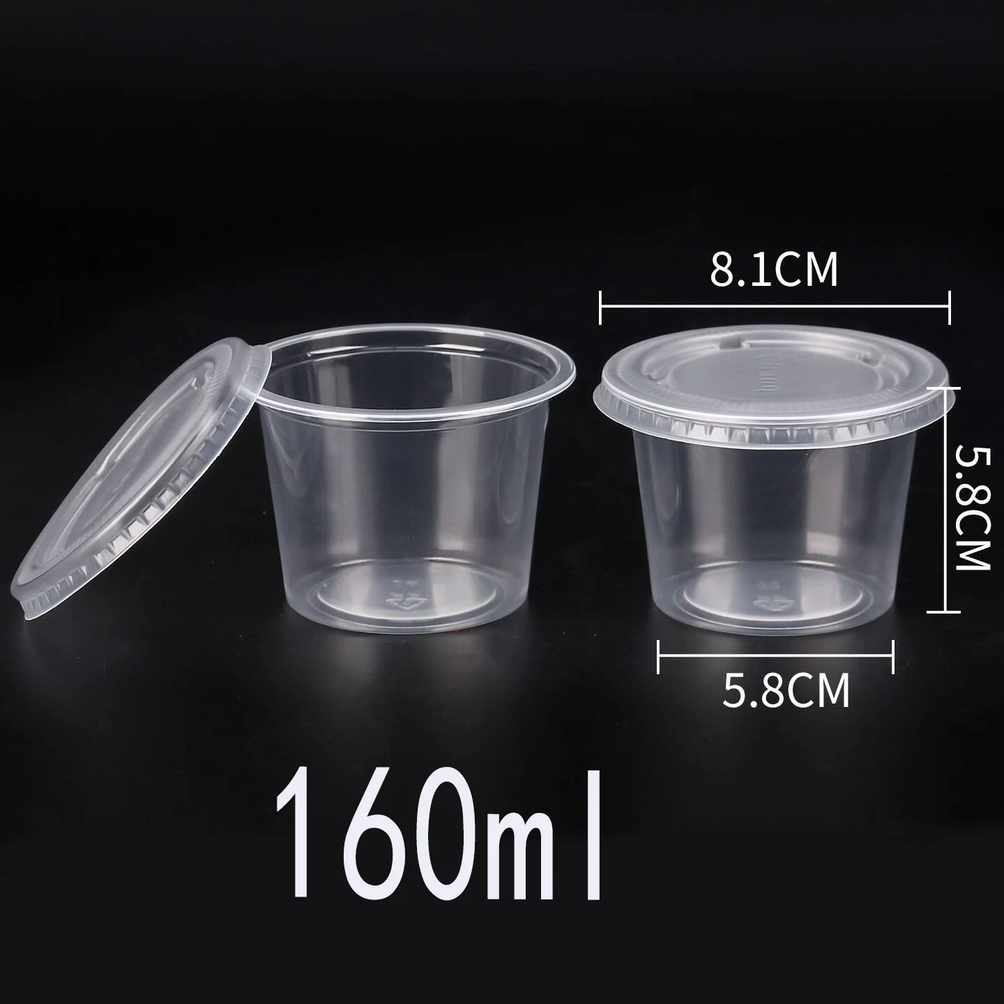 Transparent disposable plastic container 160ml, can be used for snacks, sides, meals, and sauces - durable, stackable