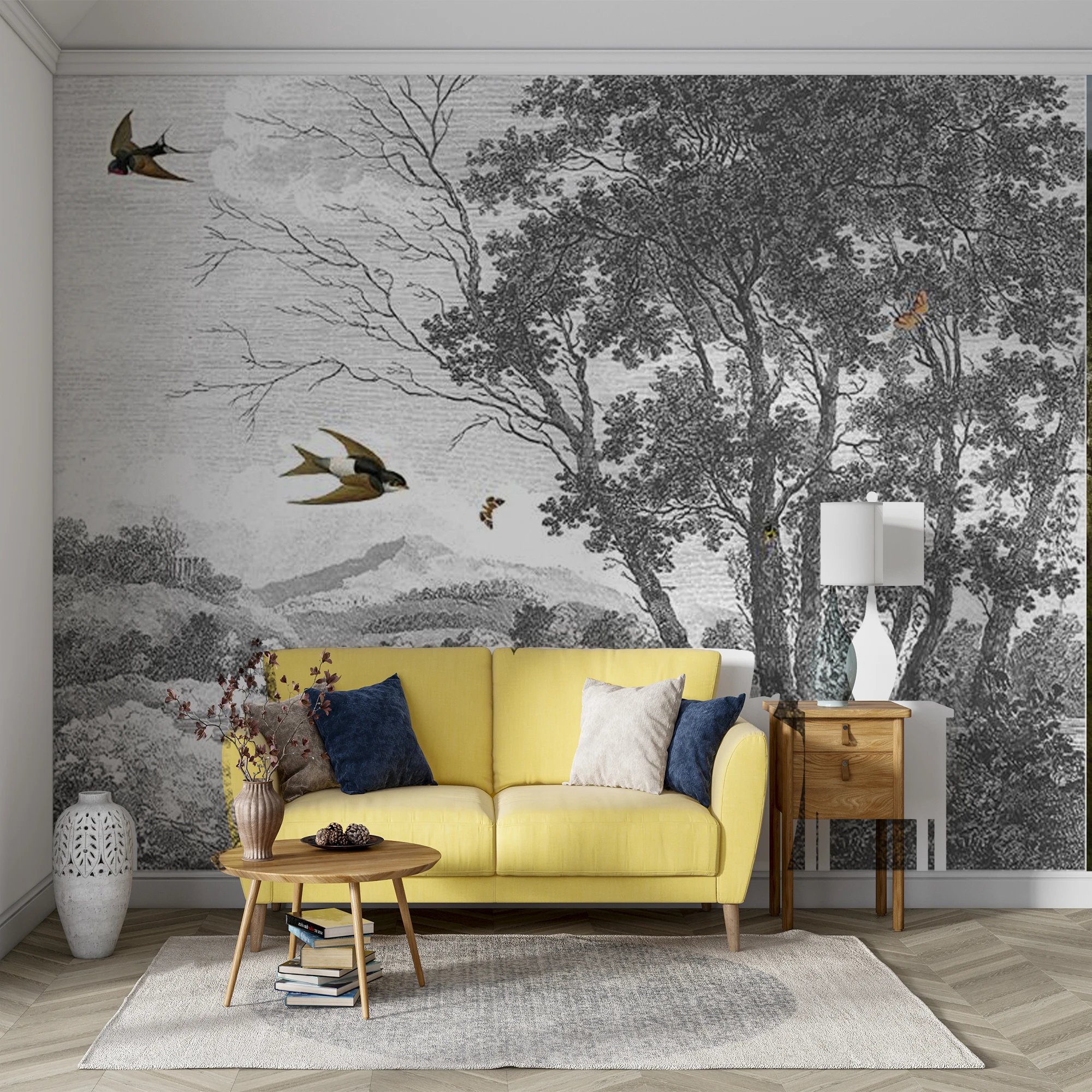 Custom 3D Retro Engraving Wall Mural Vintage Forest Landscape Swallow Bird Sketch Wallpaper for Living Room Bedroom Home Decor