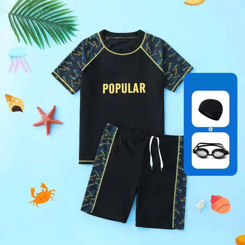 

Four Pieces Sets Boys Swimsuit （T-Shirt+Trunk+Goggles +Caps）Summer Swimming Sports Children's Swimwear