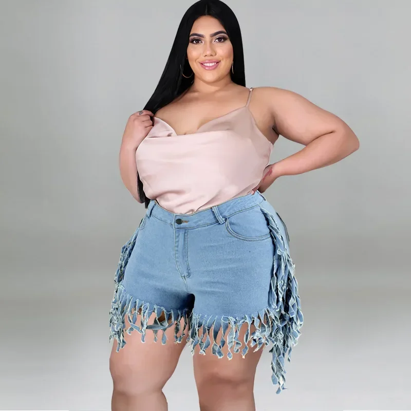 

KEXU Fashion Plus Size Summer Women Shorts Jeans Pants High Waist Denim Trousers Sexy Tassel Night Club Bandage Sweatpants