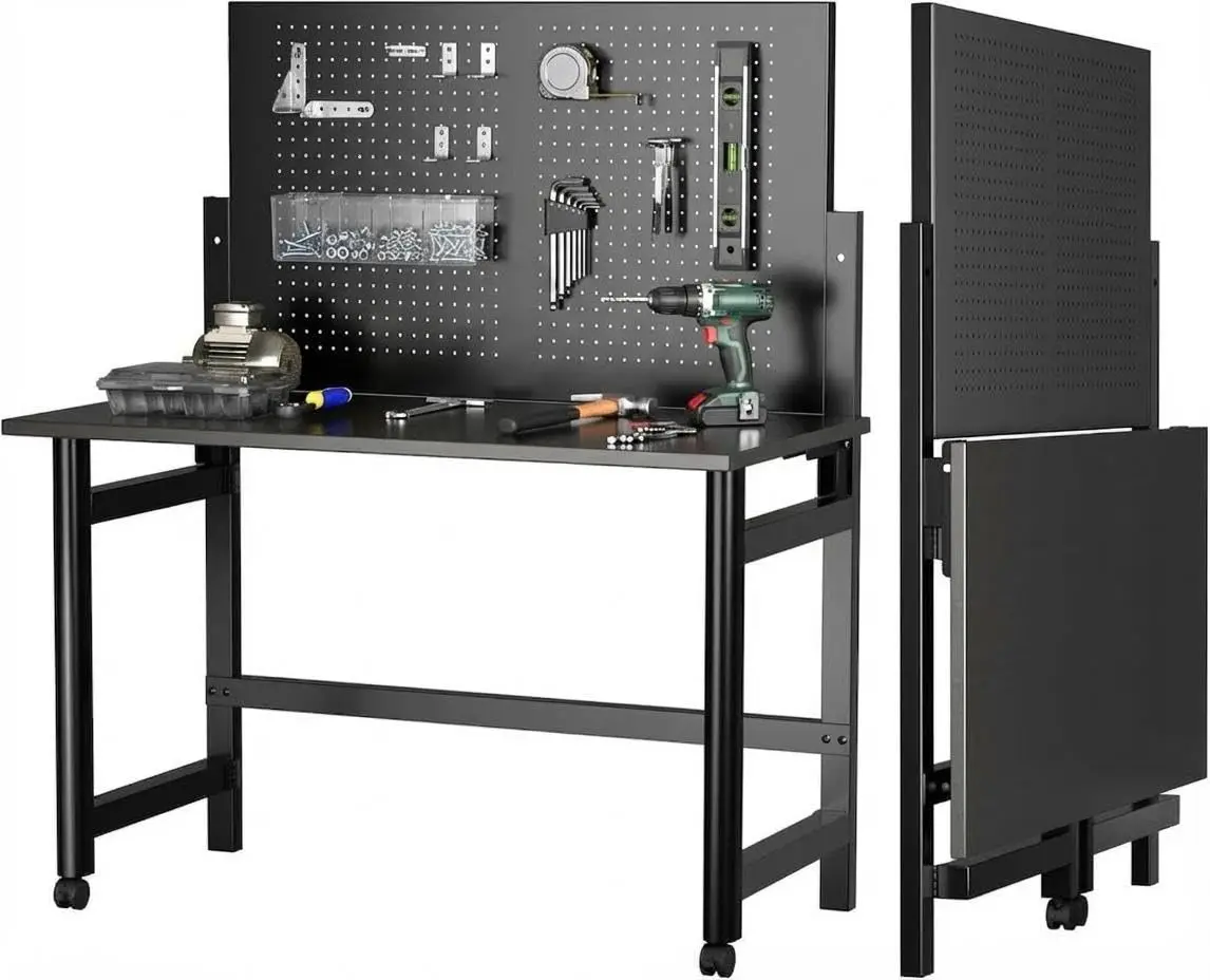 Heavy-Duty Collapsible Wall-Mounted Workbench with Pegboard – 2000Lb Steel Tool Bench – Space-Saving Table for Garage, Workshop, Warehouse, Home – Black