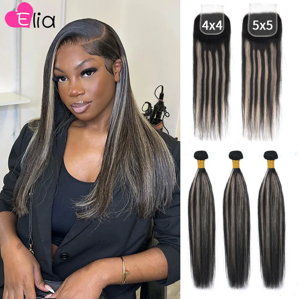 Highlight Grey Hair Bundles with Closure Straight Original Human Hair Extensions 4 Bundles Deal 4x4 5x5 Closure with Bundles 30