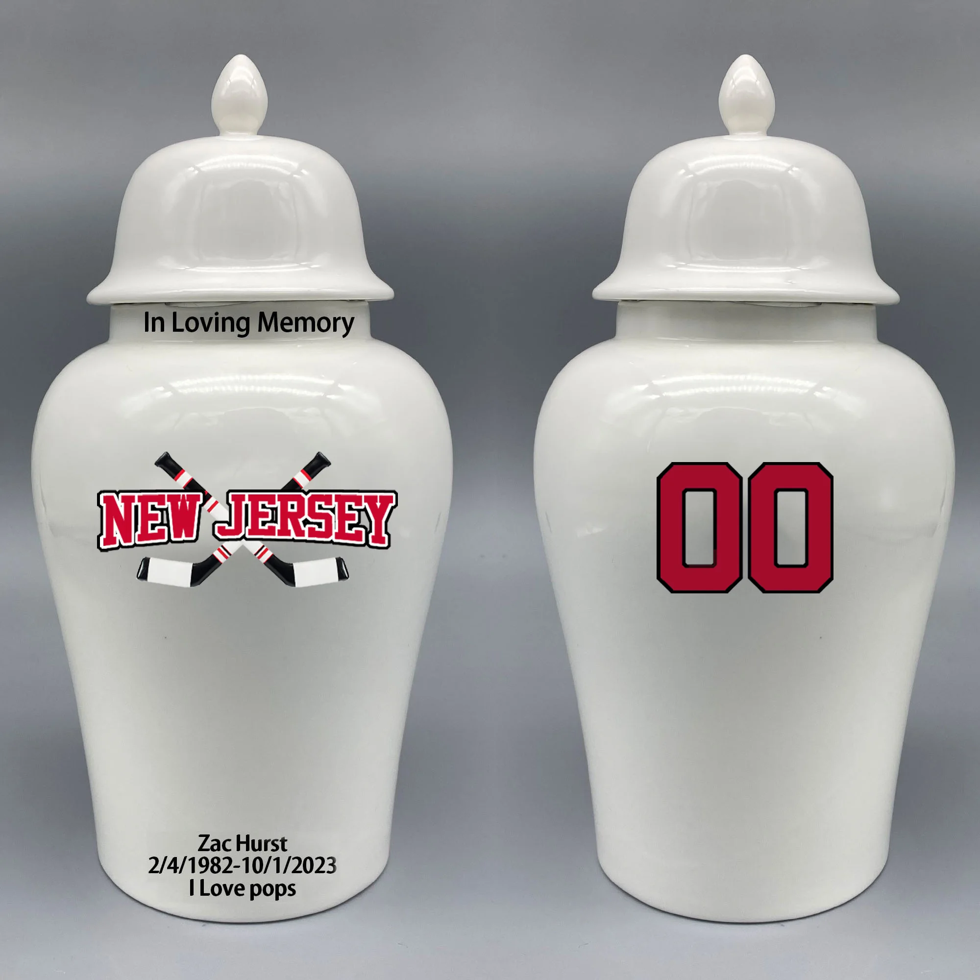 

Large Urn for New Jersey Devils-themed Hockey Urn.Please send me the customize information-name/date and number on the urn